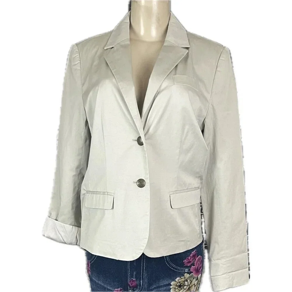 Apt 9 10 Fossil Taupe Lined 2 Button Down Faux Pockets Cotton Long Sleeve Blazer